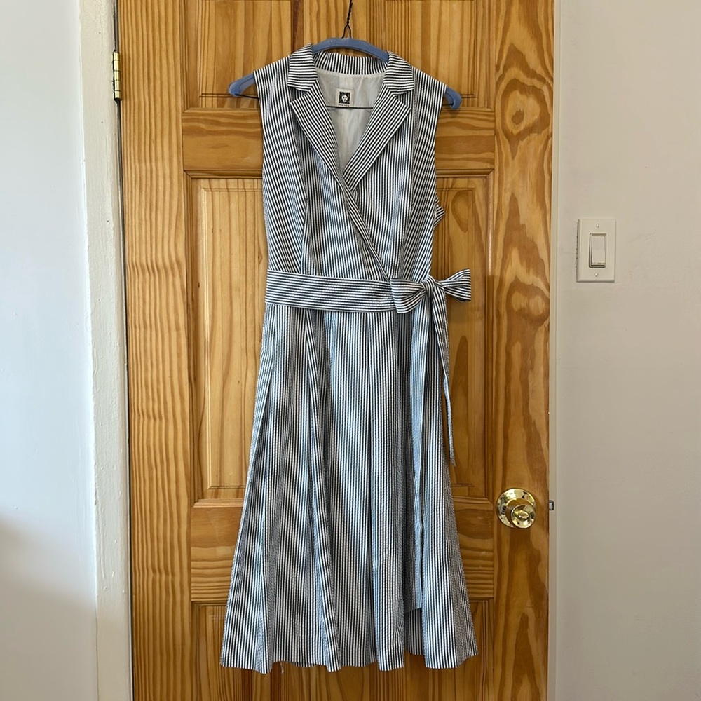 Anne Klein Navy and White Striped Sleeveless Midi Wrap Dress